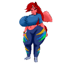 Alicorn Elsie with red hair and blue clothing standing in a confident pose.