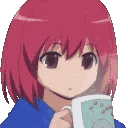 Anime girl with red hair calmly sipping from a mug in a pixel art style.