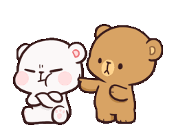 A brown bear repeatedly pokes a grumpy white bear who is sitting with crossed arms and a pouting expression.