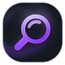 A glowing purple magnifying glass icon centered on a dark rounded square background.