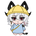 Chibi character with white hair and red eyes wearing a yellow hat and blue shirt looking unimpressed.