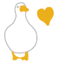 A simple line-art goose standing next to a golden heart.