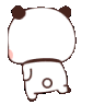 A small white panda with brown ears walks away from the viewer with a waddling motion.