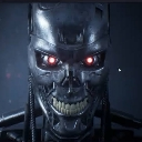 Terminator endoskeleton face with glowing red eyes and a metallic grin.