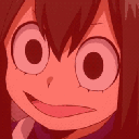 Tsuyu Asui with a wide-eyed expression filtered in intense red to look deep-fried.