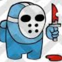 Blue Among Us character wearing a white hockey mask and holding a red bloodied knife.