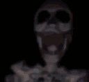 Skeleton spinning rapidly in a dark, low-resolution environment.