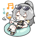 Anime girl with gray hair and sunglasses relaxing in a blue pool floatie while holding a cocktail.