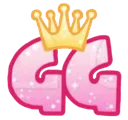 The letters GG in pink glittery font topped with a golden crown.