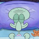 Squidward sleeping peacefully in his bed with a teddy bear beside him.