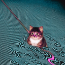A small kitten with a distorted face and a neon pink trail effect.