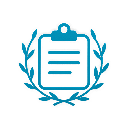 Clipboard icon surrounded by a laurel wreath in blue line-art style.