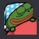 Pepe the Frog wearing a blue nightcap sleeping peacefully under a red blanket.
