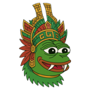 Pepe the Frog wearing a colorful, ornate Aztec headdress with feathers.