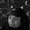 Person wearing cat-ear headphones looking confused in front of a blackboard filled with math equations.