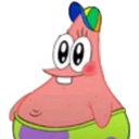 Patrick Star smiling with a wide grin while wearing a colorful cap.