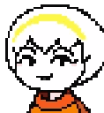 A pixelated character with white hair and a yellow headband winking with a smug expression.