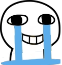A white circular face with a wide, toothy grin and long blue tears streaming down from its large, dark eyes.