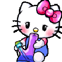 Hello Kitty pixel art character holding a bong and exhaling a cloud of smoke.