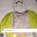 Jason Voorhees wearing a hockey mask in a crude, hand-drawn style with bright green accents.