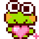 Keroppi the frog holding a pink heart in a pixelated art style.