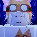 Roblox avatar with white hair and aviator goggles wearing a smug uwu expression.
