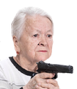 Elderly woman holding a black handgun with a serious expression.