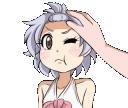 Anime girl with short gray hair gets her head patted and then bites the hand.