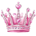 Pink crown decorated with sparkling gems and heart-shaped accents.