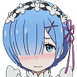 Rem from Re:Zero with blue hair and a maid headpiece, looking down with a deep blush on her cheeks.