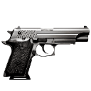 A silver semi-automatic handgun pointing to the right.