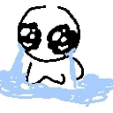 A simple white doodle character with large, watery eyes crying a puddle of blue tears.
