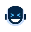 Robot head with a wide, happy grin and eyes closed in laughter.
