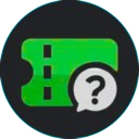 Green ticket icon next to a gray speech bubble containing a black question mark.