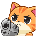 An angry ginger kitten holding a silver handgun pointed directly forward.