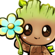 Baby Groot smiling happily while holding out a small blue flower.