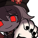 Hu Tao with glowing red eyes reaching forward with a dark, menacing expression.