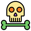 A stylized cartoon skull with orange eyes and a purple nose sitting above a horizontal green bone.