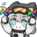 Anime character with goggles smiling while holding and spinning two colorful pinwheels.