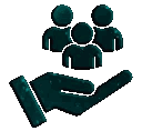 Hand cradling a group of three people in a pixel art style.