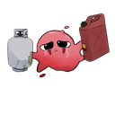 A pink blob with a sad, teary expression holding a grey propane tank and a red gas canister.