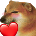 Cheems the dog with blushing cheeks and a large red heart in the foreground.