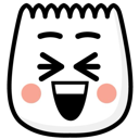 A white character face with a wide, laughing mouth and rosy pink cheeks.