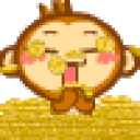 A cute cartoon monkey happily bathing in a large pile of gold coins.