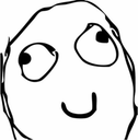 A hand-drawn black and white face with eyes looking upward and a small, smug smile.