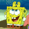 SpongeBob SquarePants smiling while conjuring a sparkling rainbow with his hands.