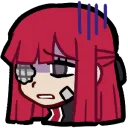 Anime girl with red hair looking down with a defeated and exhausted expression.