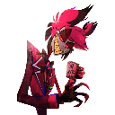 Alastor from Hazbin Hotel with a smug, mischievous expression in a pixel art style.