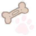 A beige dog bone icon next to a soft pink paw print on a black background.