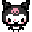 Kuromi changes expressions from grumpy to having hearts appear around her in a pixelated animation.